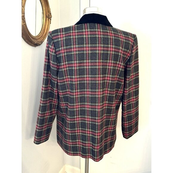 90s Plaid Blazer Jacket L 12 Wool Academia Preppy Velvet Tartan Old Money - Picture 3 of 12